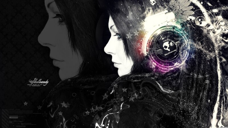Woman with Headphones — Black, Dark