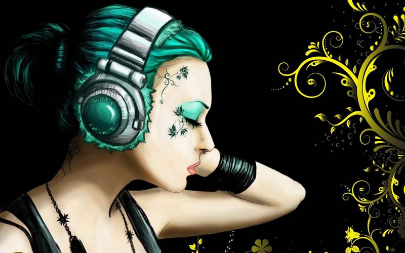 Woman with Headphones — Black, Dramatic, Digital Art, Makeup