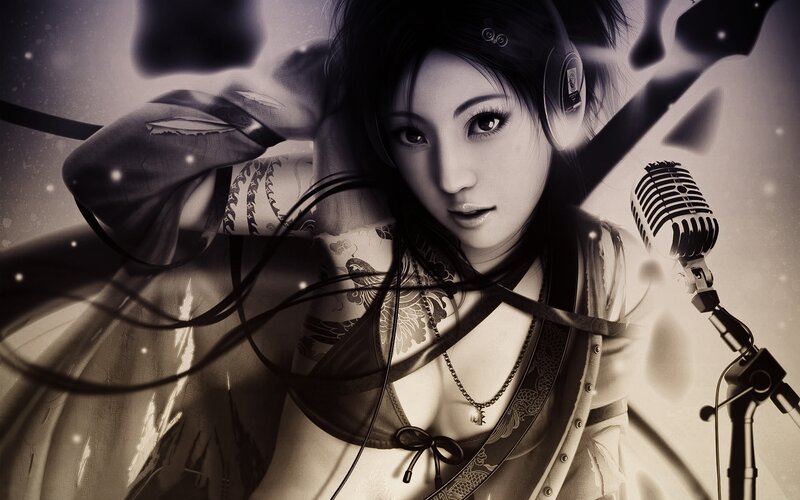 Woman with Headphones — Black, Dramatic, Digital Art, Microphone