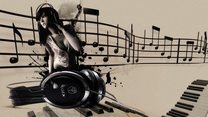 Woman with Headphones — Black, Dramatic, Digital Art, Music Notes