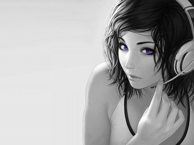 Woman with Headphones — Black, Dramatic, Digital Art, Purple Eyes
