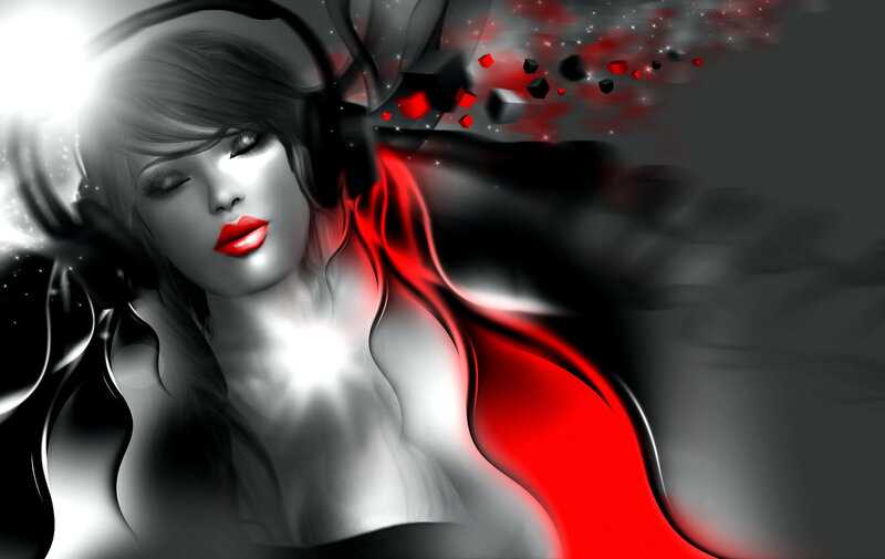 Woman with Headphones — Black, Dramatic, Digital Art, Red Light