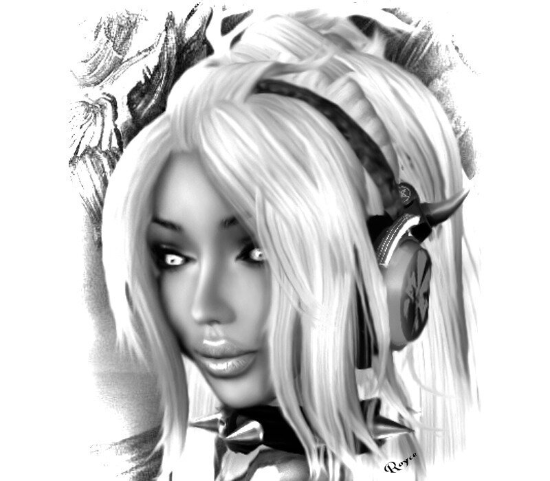 Woman with Headphones — Black, Dramatic, Digital Art, Spikes