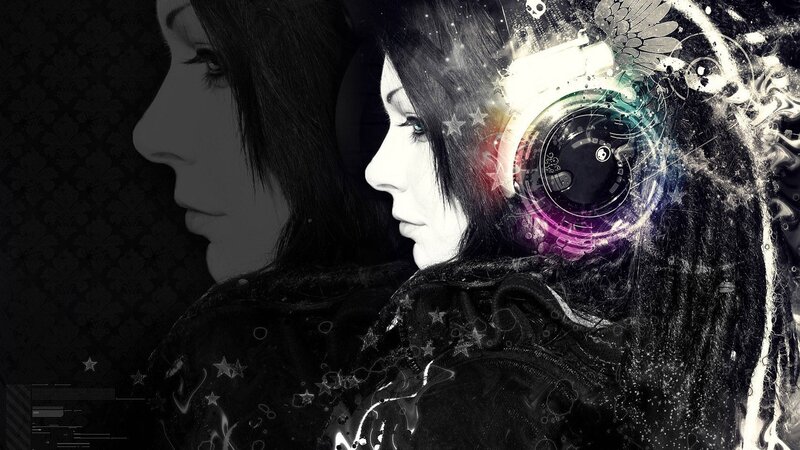 Woman with Headphones — Black, Dramatic, Digital Art, Stars, Wings