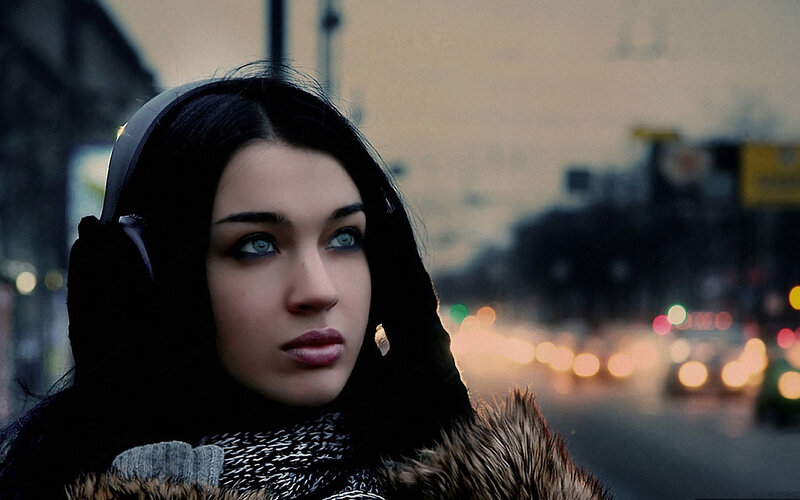 Woman with Headphones — Black, Dramatic, Night