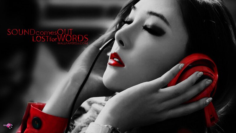 Woman with Headphones — Black, Dramatic, Photograph, Red Lipstick