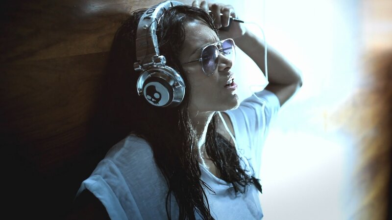 Woman with Headphones — Black, Dramatic, Photograph, Sunglasses