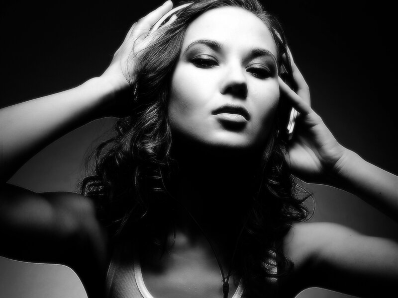 Woman with Headphones — Black, Dramatic, Photograph