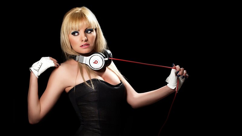 Woman with Headphones — Black, Dramatic, Photograph, White Gloves