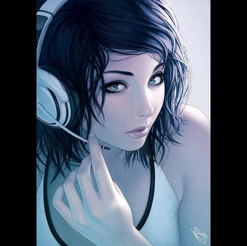 Woman with Headphones — Blue, Calm, Digital Art, Hand