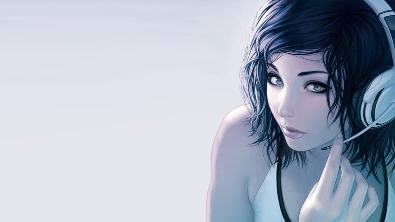 Woman with Headphones — Blue, Calm, Digital Art, Microphone, Hand