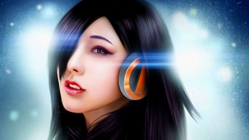 Woman with Headphones — Blue, Dramatic, Digital Art, Light Beams