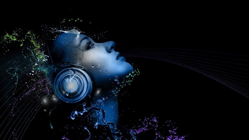 Woman with Headphones — Blue, Dramatic, Digital Art, Splashes
