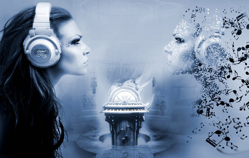 Woman with Headphones — Blue, Dreamy, Digital Art