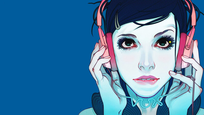 Woman with Headphones — Blue, Intense