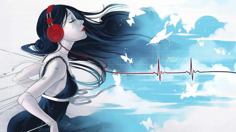 Woman with Headphones — Blue, Serene
