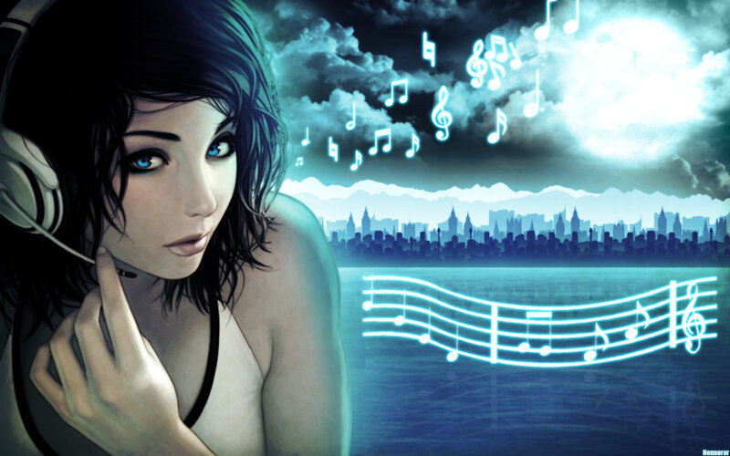 Woman with Headphones — Blue