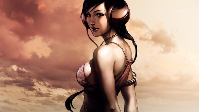 Woman with Headphones — Brown, Dramatic