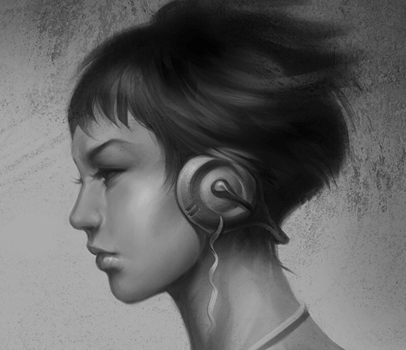 Woman with Headphones — Gray, Contemplative