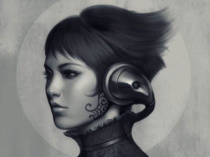 Woman with Headphones — Gray, Dramatic