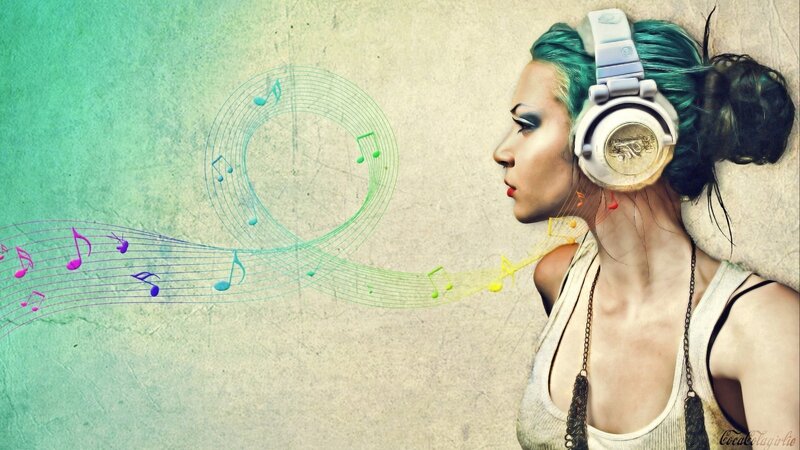 Woman with Headphones — Green, Calm, Digital Art