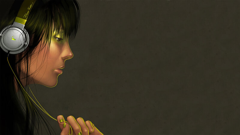Woman with Headphones — Green, Contemplative