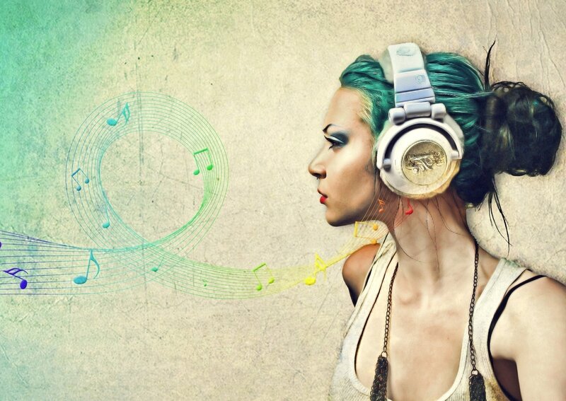 Woman with Headphones — Green Hair