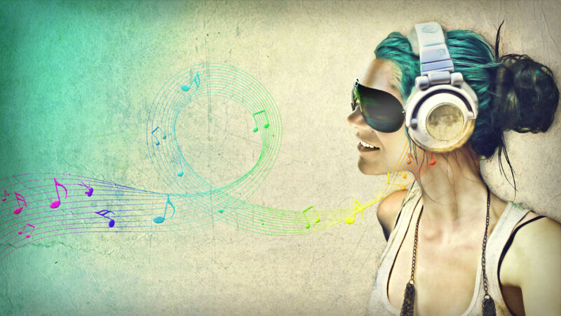 Woman with Headphones — Green, Relaxed
