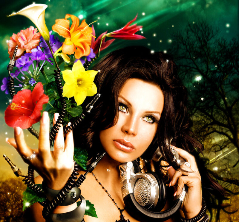 Woman with Headphones — Green
