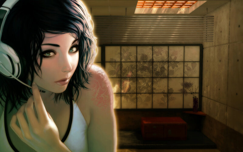 woman with headphones in room