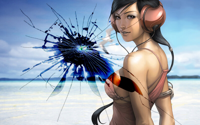 Woman with headphones on beach