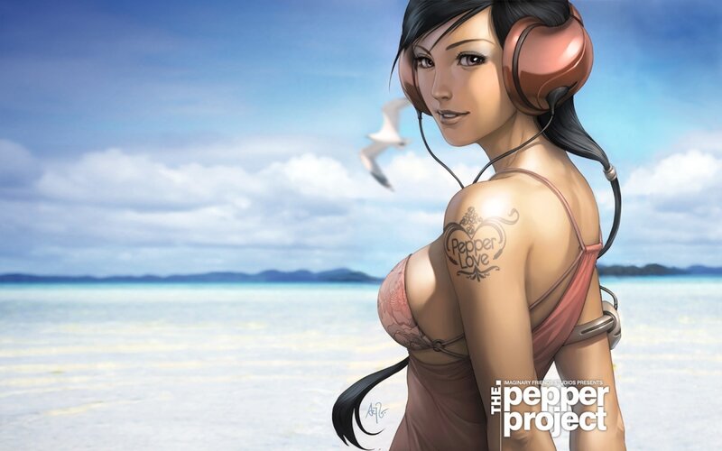 Woman with headphones on beach