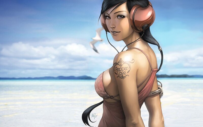 Woman with Headphones on Beach — Blue