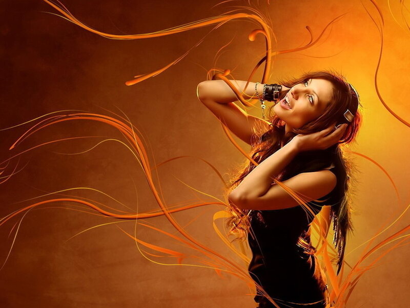Woman with Headphones — Orange, Energetic, Digital Art