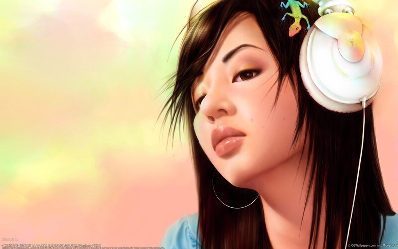 Woman with Headphones — Pink, Calm, Digital Art, Lizard