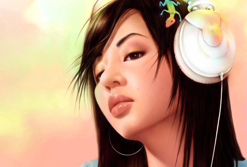 Woman with Headphones — Pink, Calm, Digital Art