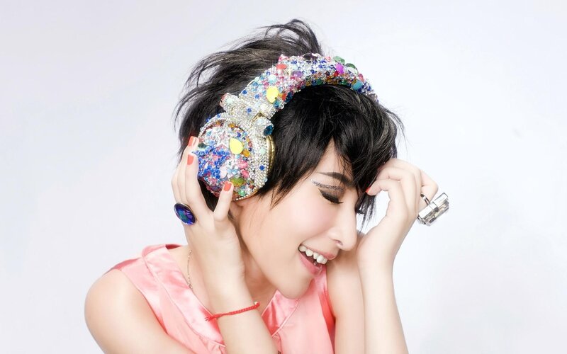 Woman with Headphones — Pink, Joyful, Photograph, Ring