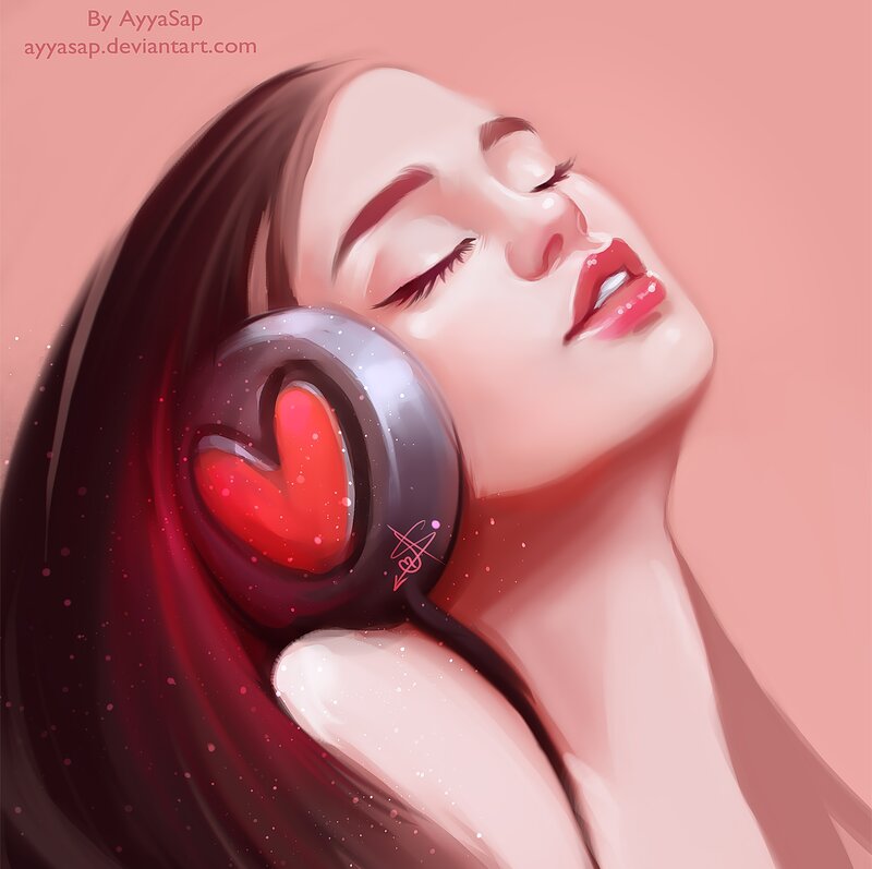 Woman with Headphones — Pink, Serene, Digital Art