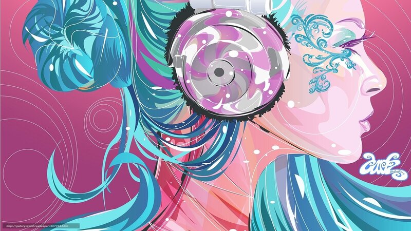 Woman with Headphones — Pink, Vibrant, Digital Art