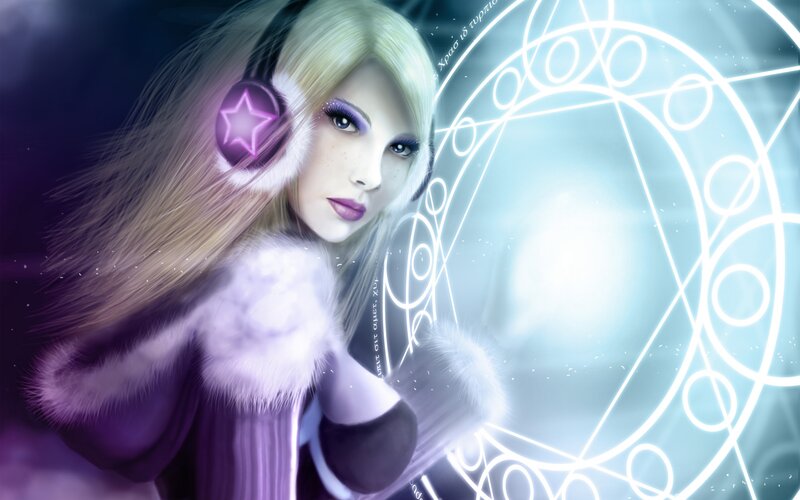 Woman with Headphones — Purple, Dramatic, Digital Art, Furry Coat