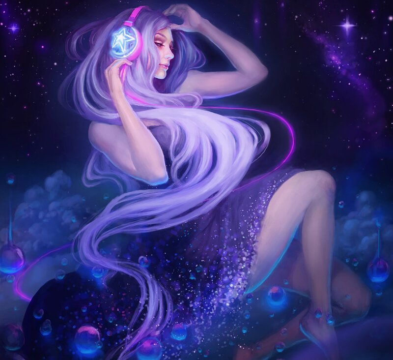 Woman with Headphones — Purple, Dreamy, Serene