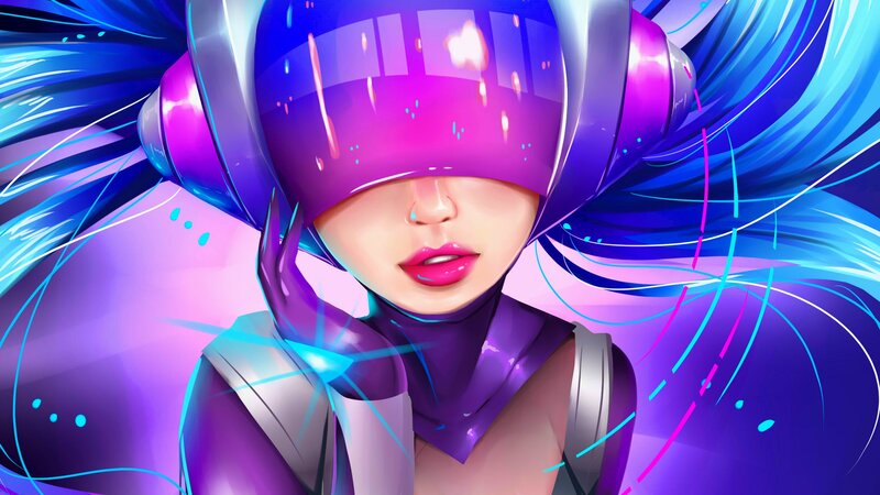 Woman with Headphones — Purple, Energetic, Digital Art