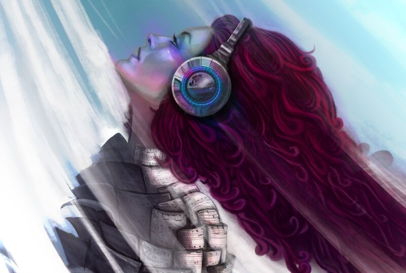 Woman with Headphones — Purple, Serene, Digital Art, Music Sheets