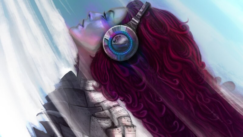 Woman with Headphones — Purple, Serene, Digital Art
