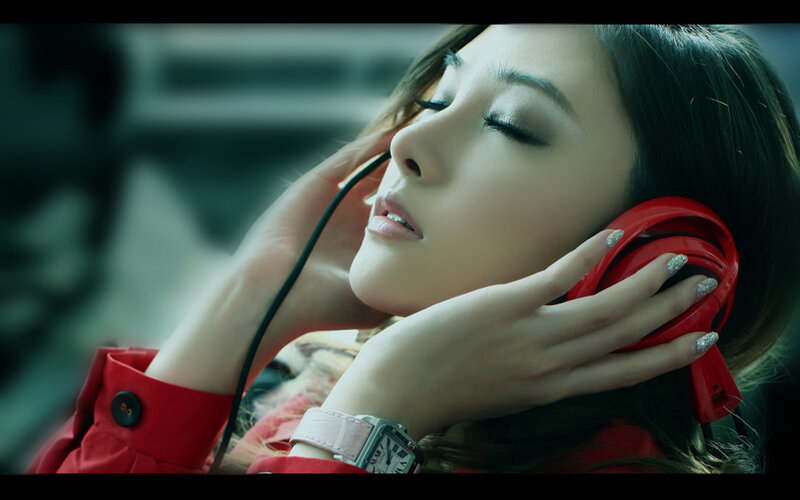 Woman with Headphones — Red, Calm