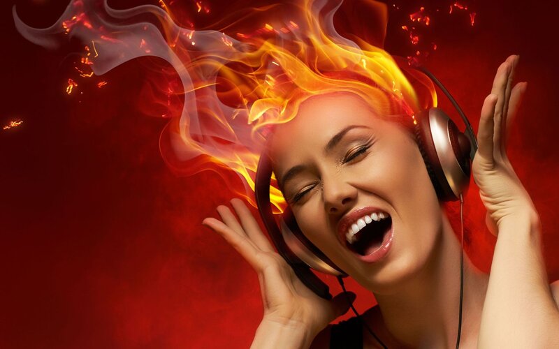 Woman with Headphones — Red, Dramatic, Digital Art