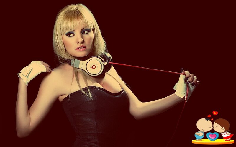 Woman with Headphones — Red, Dramatic, Photograph
