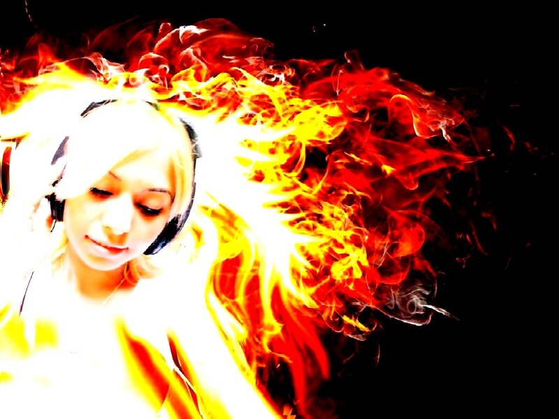 Woman with Headphones — Red, Dramatic