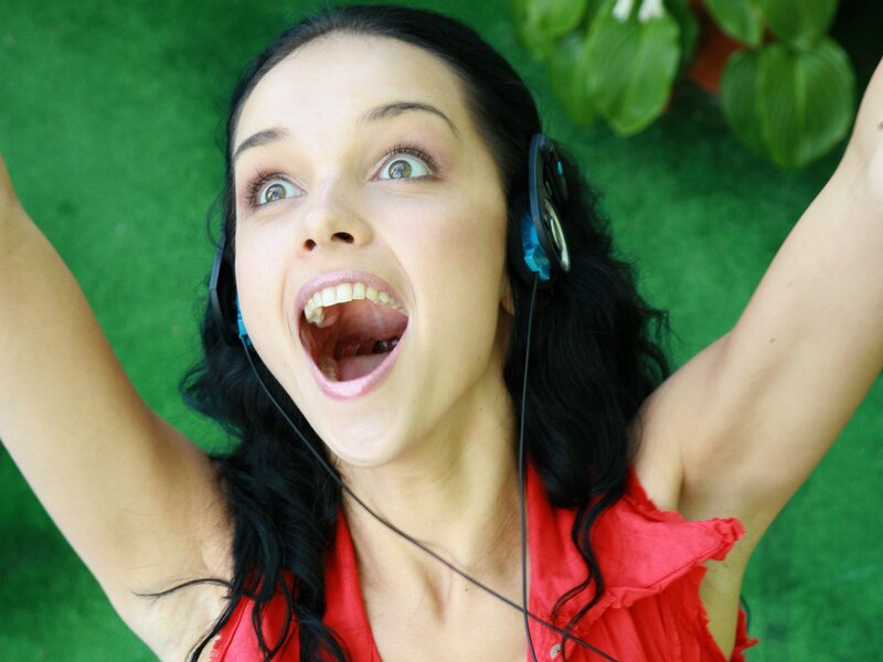 Woman with Headphones — Red, Energetic, Photograph
