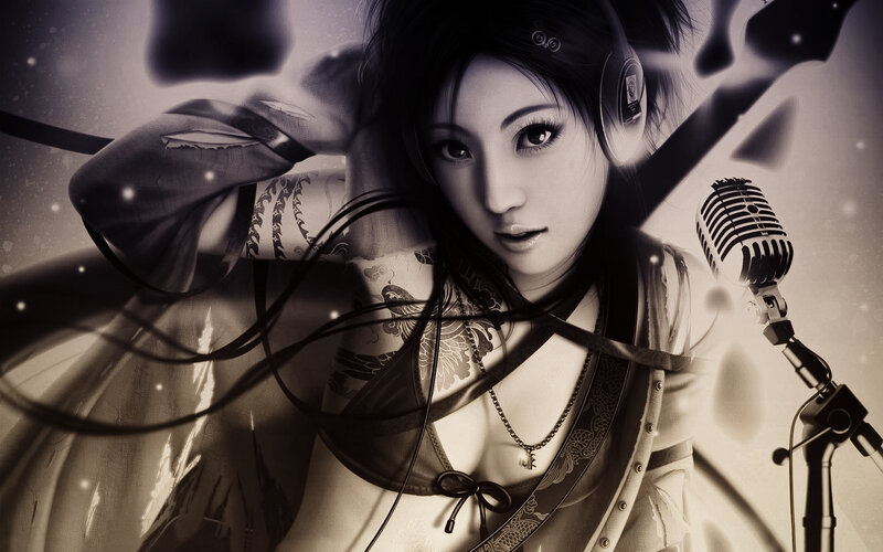 Woman with Headphones Singing — Black